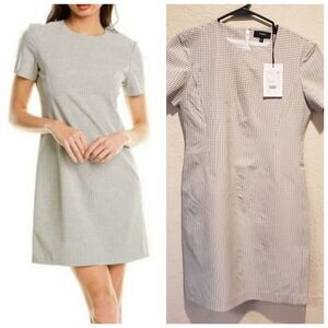 $345 THEORY Jatinn Sheath Dress 00 Multi Viscose Plaid Round Neck Short Sleeve